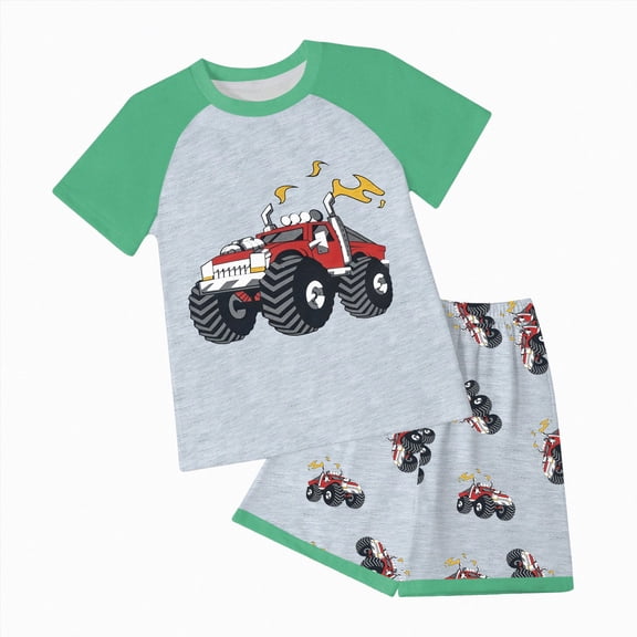 NOLDARES Toddler Baby Boy Clothes 2 Pieces Dinosaur Truck Print Crewneck Short Sleeve Tee Elastic Waist Shorts Summer Outfits(Light Green,7-8 Y)