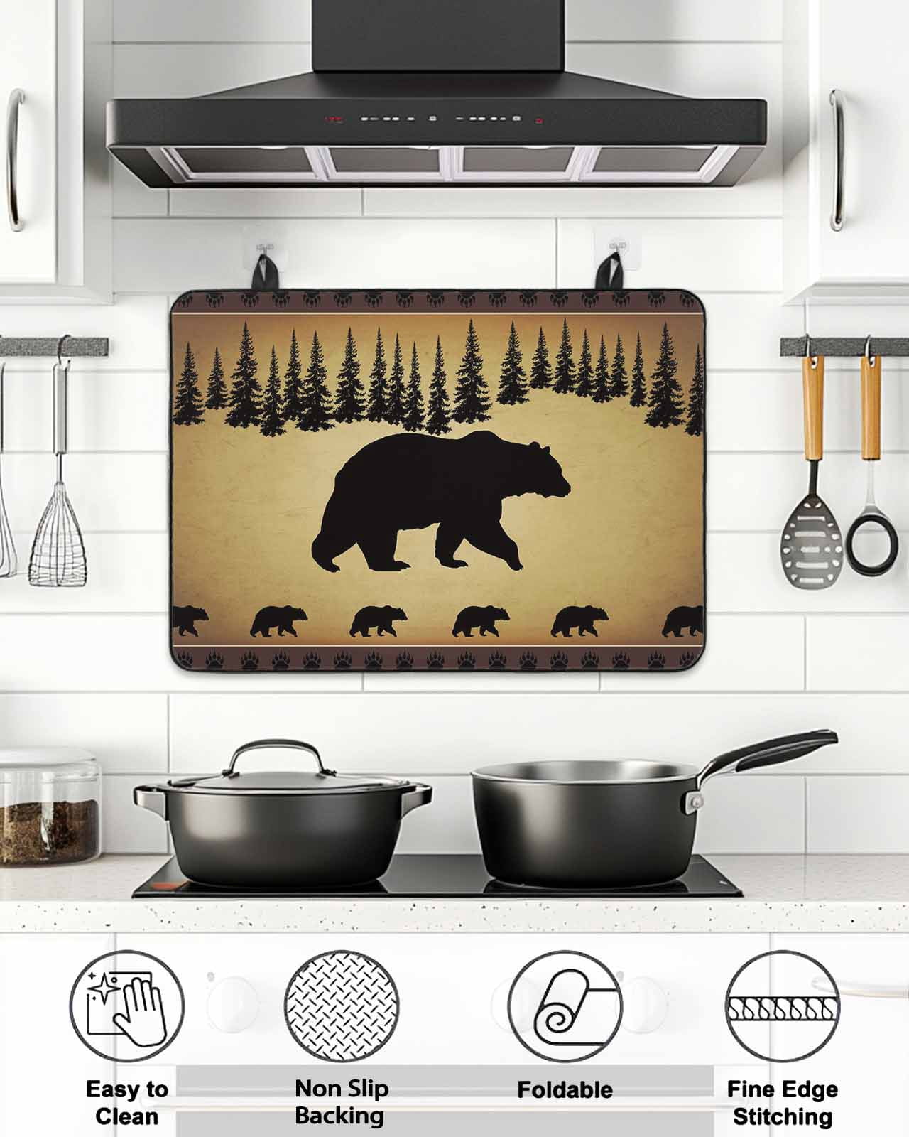 Stove Top Covers for Electric Stove, Black Bear Glass Stovetop Cover Protector, Vintage Animals Farmhouse Pine Brown Forest Induction Cooktop Protector Oven Mat for Kitchen Countertop 24"x21"