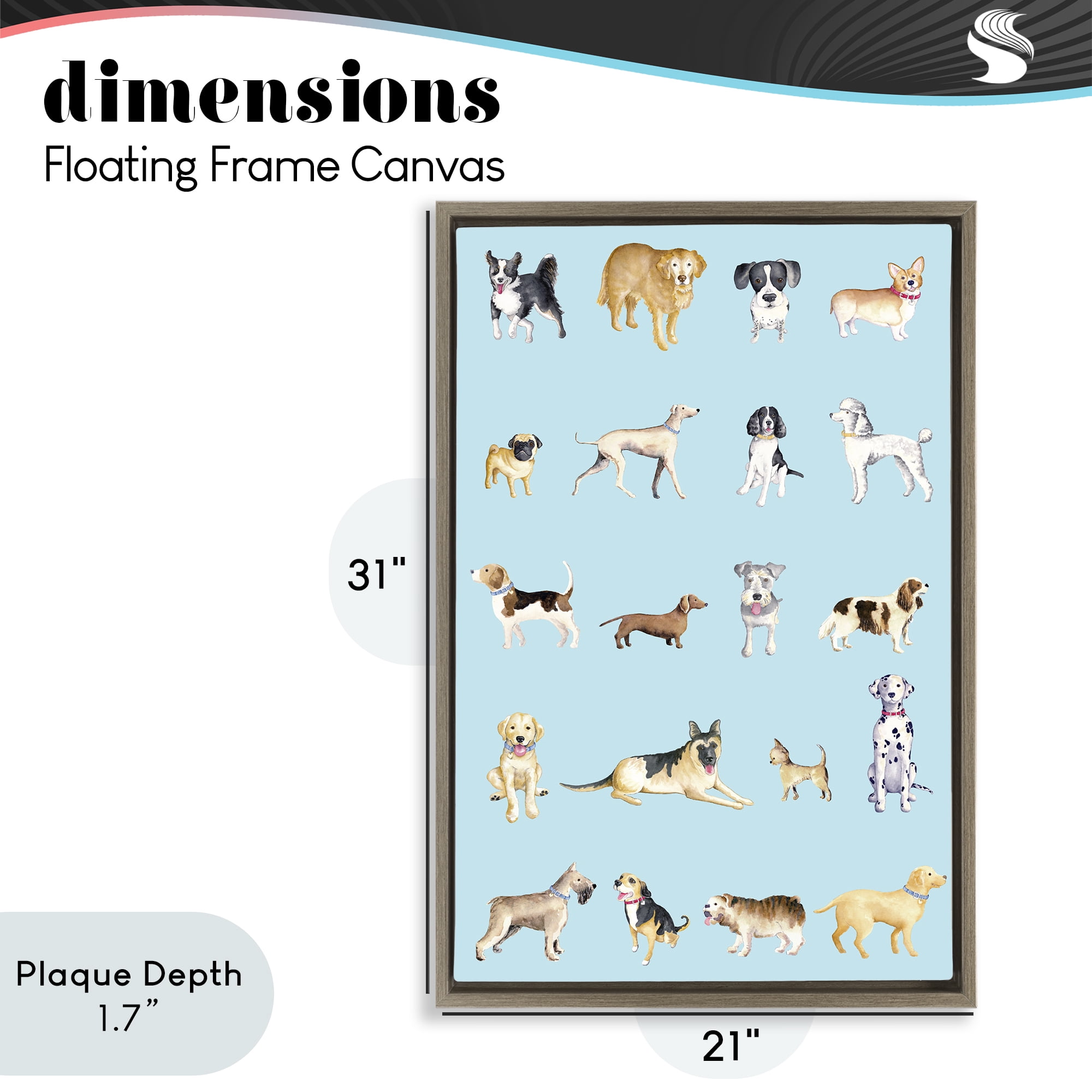 Stupell Industries Dog Breeds on Blue Brown Framed Floater Canvas Wall Art, design by Andi Metz