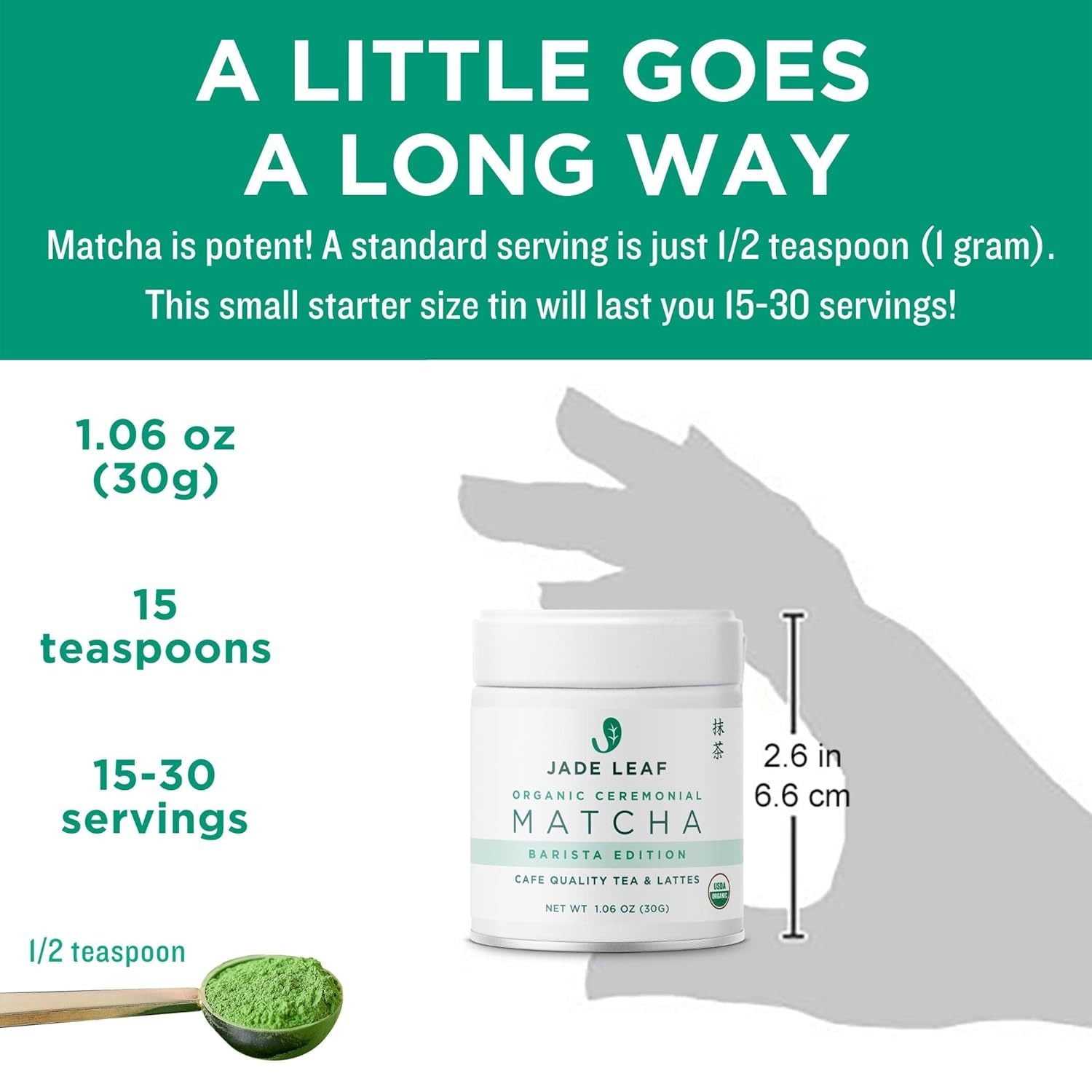 Jade Leaf Organic Ceremonial Grade Matcha Powder, Barista Edition, 1.06 oz Tin