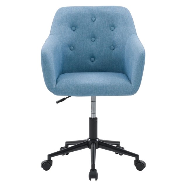 Blue CorLiving Natasha upholstered task chair with button tufted backrest, adjustable height lever, armrests, and black five-wheel base.
