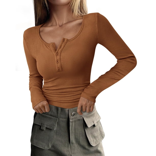 Camisa de Mujer PRETTYGARDEN Otoño 2025 Manga Larga Henley Caqui S