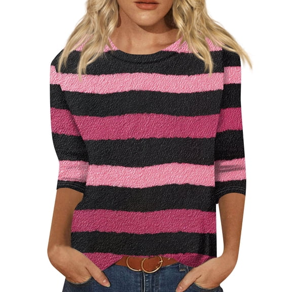 Striped Shirt Women 3/4 Sleeve Trendy Print T Shirt Casual Crewneck Blouse Fashion Three Quarter Length Sleeve Tops Pink 2XL