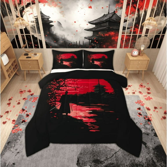 Manfei Japanese Samurai Bedding Comforter Set,Scenery Silhouette Twin Comforter Sets,Sunset Bedding Set For Girl Boys Kids,Microfiber Bedroom Decor Reversible,2 Pieces