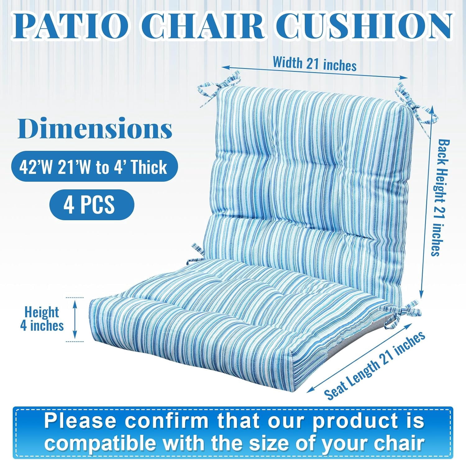 4 Pcs Outdoor Indoor High Back Chair Cushions Patio Furniture Tufted Pillow with Ties Water-Resistant Replacement Outdoor Rocking Chair Cushions, 42 x 21 Inches (Blue Stripes,Stripes)