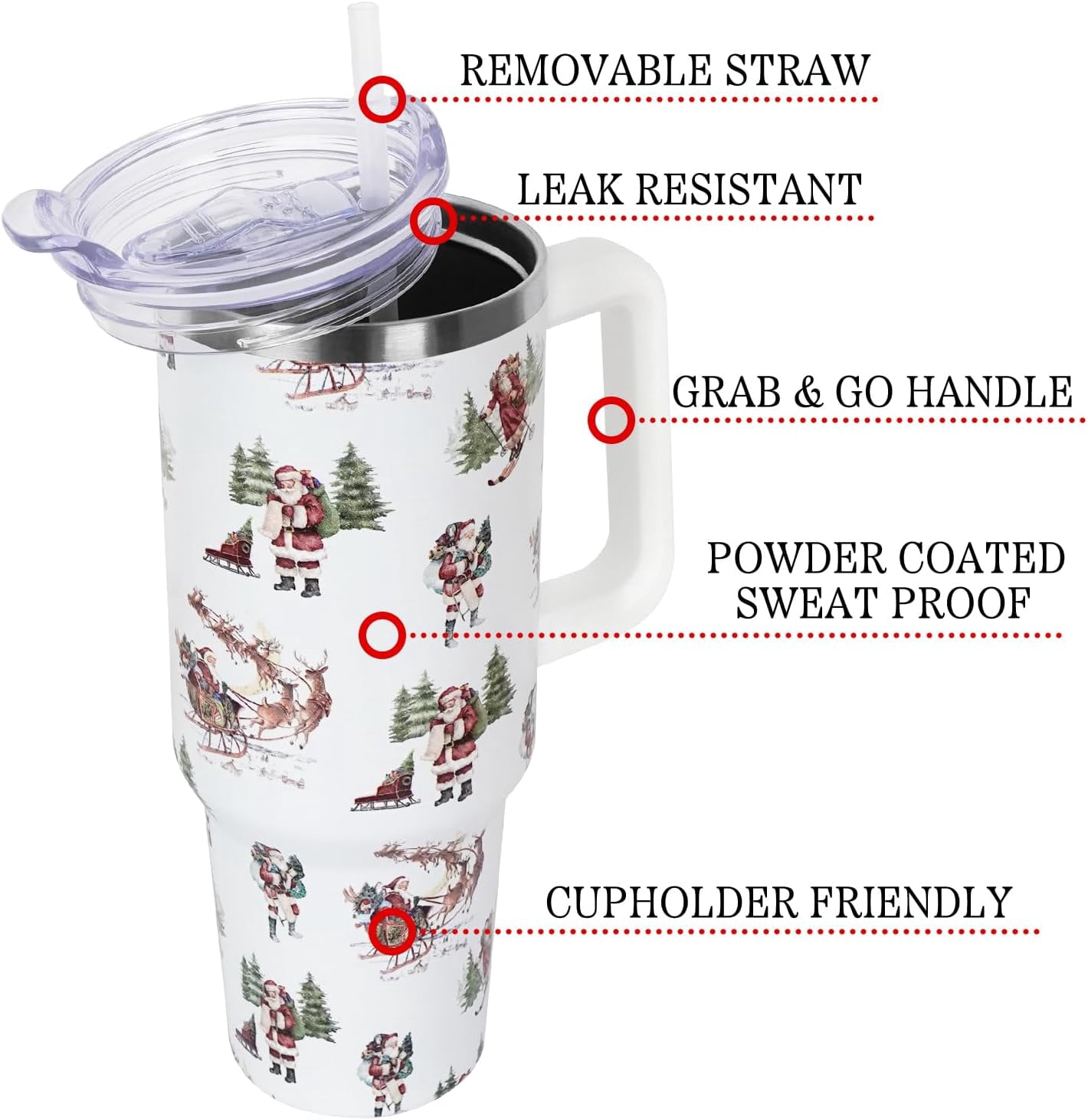 Baiheyi Christmas Santa Claus Sleigh Tumbler with Handle and Straw Lid 40 oz,Cute Christmas Gifts for Women Vacuum Insulated Leak Proof Tumbler,Winter Holiday Accessories