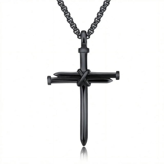 Collar de acero inoxidable negro para hombre, colgante de Cruz de uñas, cadena, Iglesia Cristiana, regalo de bautismo, venta al por mayor