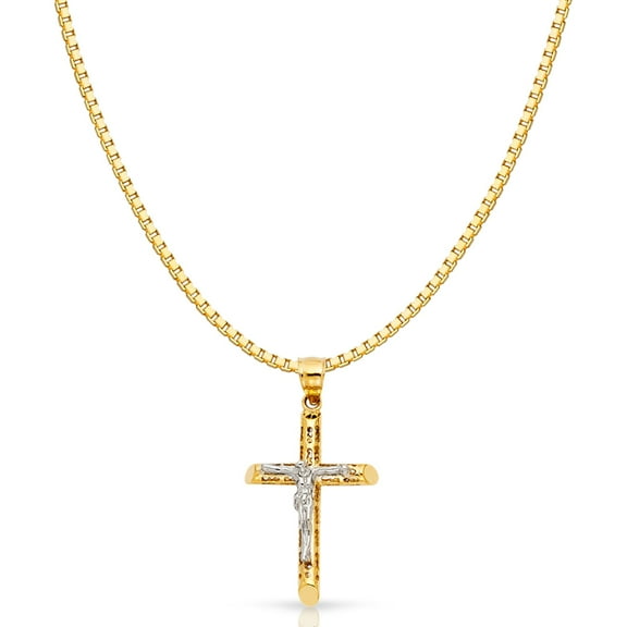 Ioka-14K Two Tone Gold Jesus Crucifix Cross Religious Charm Pendant with 1.2mm Box Chain Necklace - 16"