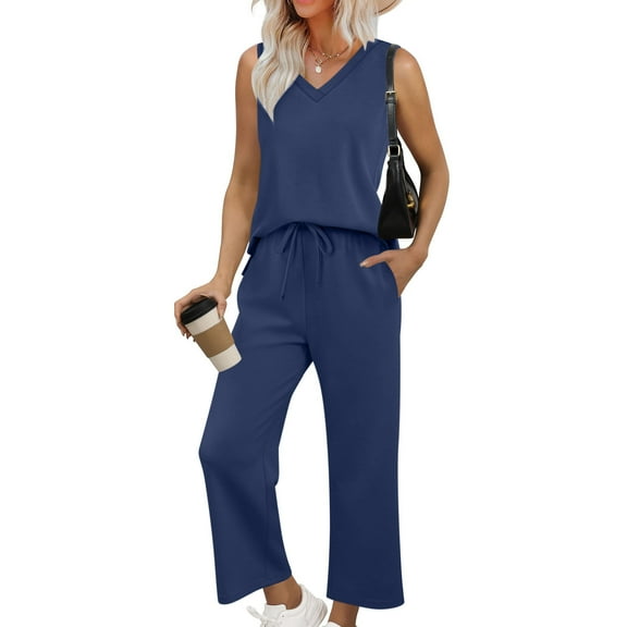 Gmdeguo Two Piece Sets for Women Summer Vacation Travel V Neck Loose Sleeveless Tank Tops Wide Leg Pants Tracksuit Soft Cozy Loungewear Casual Sweatsuit Matching Lounge Sets