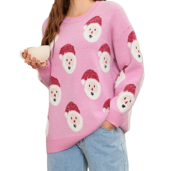 Women Christmas Sweater Long Sleeve Santa Claus Pullover Crew Neck Sweatshirts Winter Jumper Top