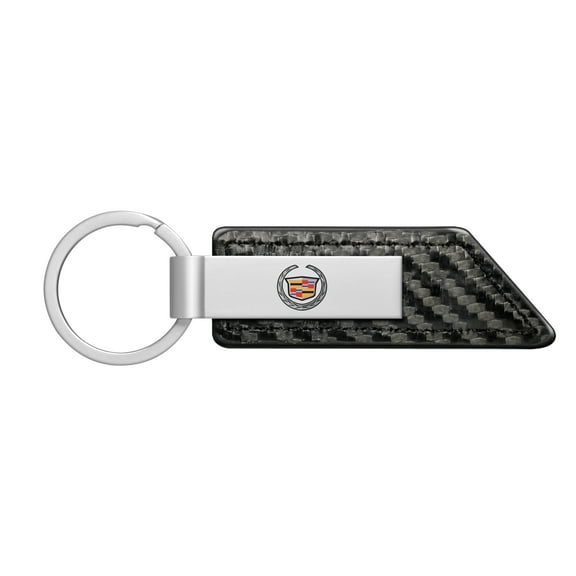 iPick Image for Cadillac Logo Silver Metal Plate Carbon Fiber Texture Black PU Leather Key Chain, Official Licensed
