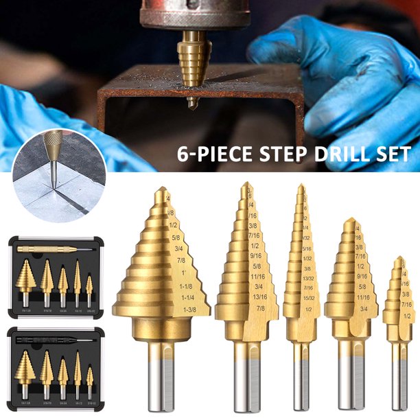 Muyoka Atopoler 6 uds broca escalonada de titanio broca escalonada ranurada en espiral HSS cobalto 50 tamaños para bricolaje plástico madera Metal aluminio cobre Muyoka Hogar