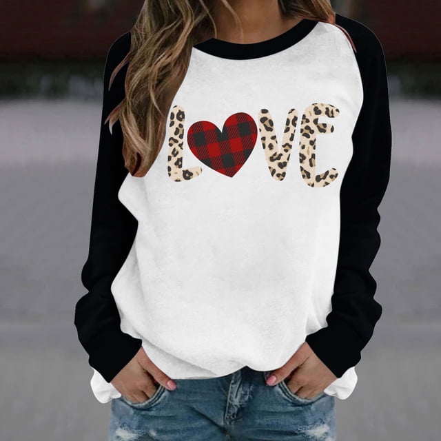 Amzcrzy Chandails en Molleton à Manches Longues pour Femmes, Chandails de la Saint-Valentin pour Femmes, Imprimé Lettre, Col Rond, Raglan, Décontracté, Imprimé, Chandail à Capuche, Chandails en Molleton de la Saint-Valentin pour Femmes