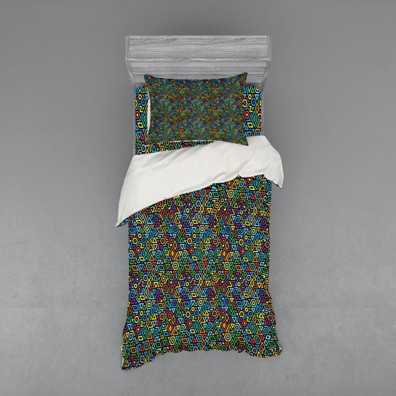 Colorful Duvet Cover Set, Various Different Geometrical Shapes Rich in Color Complex Mosaic Structure Print, Bedding Set with Shams and Fitted Sheet, 3 Sizes, by Ambesonne