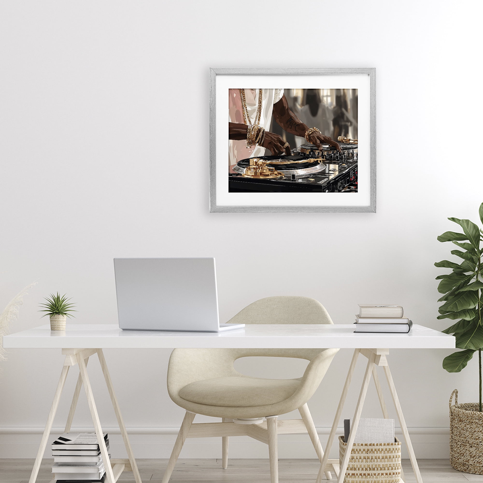 Stupell Industries Golden Sound DJ Turntables Gray Framed Print Under Glass, design by Franklyn Gregory