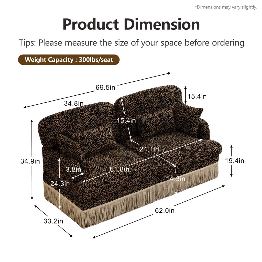 Hommoo Leopard Print Chenille Loveseat Sofa with Tassel Trim, 2-Seat Modular Sectional Couch, Ergonomic Deep Seat Design, Easy Assembly, Modern Living Room Sofa, Brown