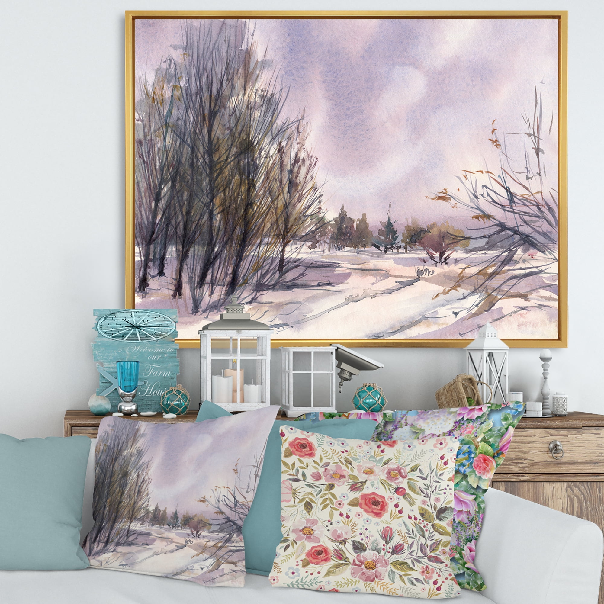 Designart 'Purple Snowy Tones With Winter Landscape' Traditional Framed Canvas Wall Art Print