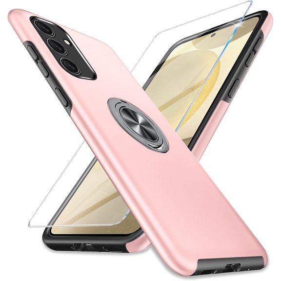 for Samsung Galaxy S24 Case with Screen Protector with Ring Holder Kickstand Galaxy S24 Phone Case Slim Shockproof Protective Cover for Samsung Galaxy S24 5G Pink