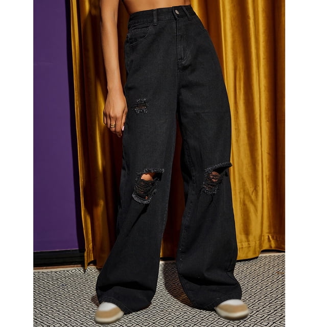 Tidyack,Washed Distressed Wide Leg Pants, High Waist Fashion, Patchwork Design, Relaxed Fit, For Casual Wear, Soft Cotton Blend, Versatile Styling, Everyday Bottoms\ | 100%Denim, Black