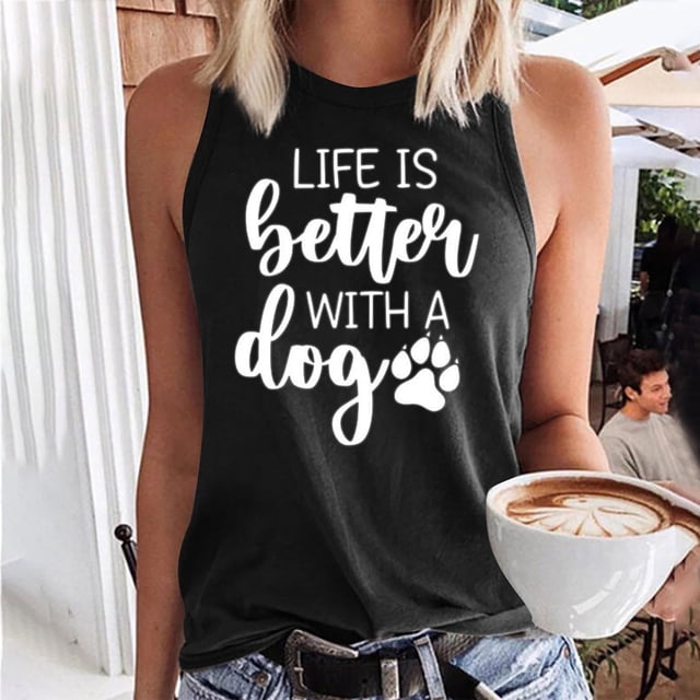 Qetyuw Débardeurs à Col Rond pour Femmes Mignons avec Empreinte de Patte de Chien Imprimée Camisoles d'Été Décontractées Sans Manches T-Shirts Graphiques Amples avec Lettres Amusantes Imprimées