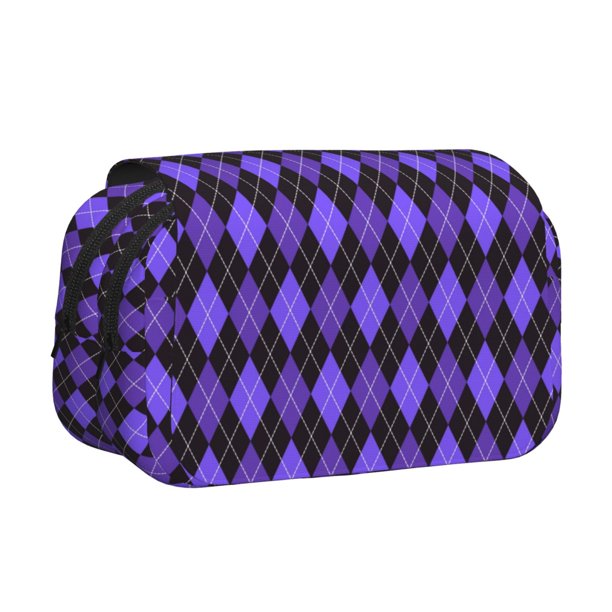 Disketp purple argyle Estuche de Lápices de Doble Capa con Tapa Abatible y Cremallera, Organizador Escolar para Adolescentes y Adultos