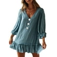 thumbnail image 1 of Vestido corto holgado con cuello en V para mujer de VISgogo, falda fruncida con manga de pulsera de empalme y decoración de botones de Color sólido para mujer de otoño VISgogo moda, 1 of 5
