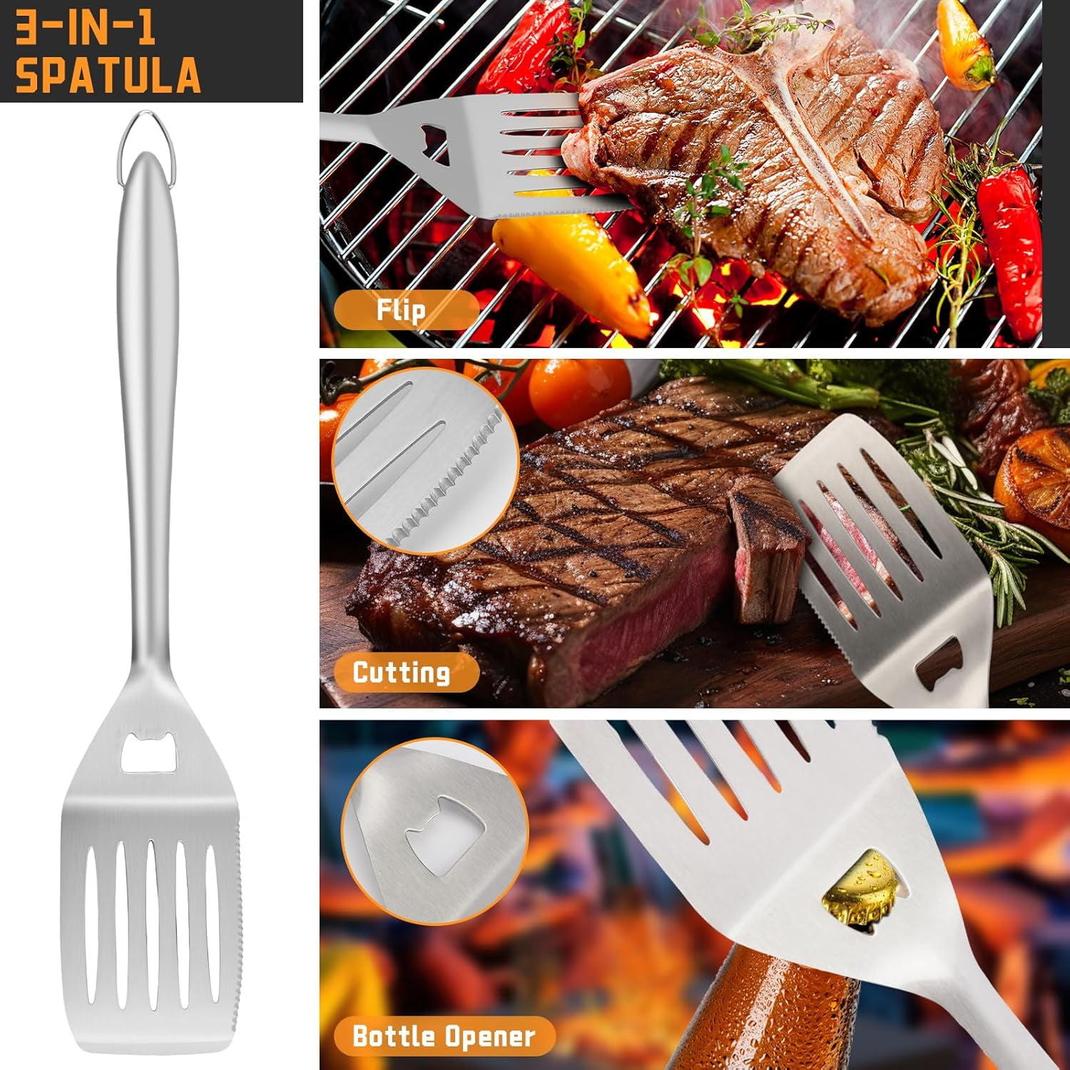 9Pcs Grill Accessories Set with Extra Thick Stainless Steel Spatula, Fork, Tongs, Skewer & Brush, Complete BBQ Grill Tools Kit with Portable Bag, Grilling Gifts for Men Dad Birthday Christmas