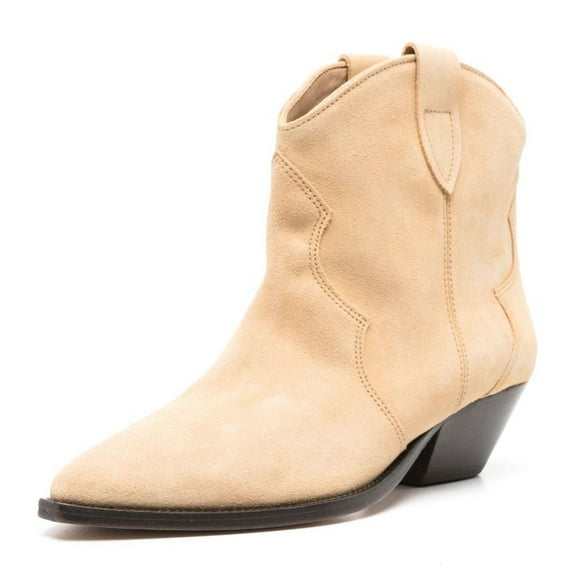 FSJ Women Western Cowboy Cowgirl Stacked Low Heel Short Boots Faux Suede Pointed Close Toe Pull On Retro Ankle Booties Formal Outfit Shoes Size 8 Apricot