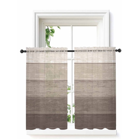 Brown Beige Ombre Curtains 54 Inch Length, Sheer Curtains for Bedroom Living Room Window Farmhouse Vintage Wooden Striped Rod Pocket Voile Drapes Kitchen Curtains Small Half Window 52"x54" 2 Panels