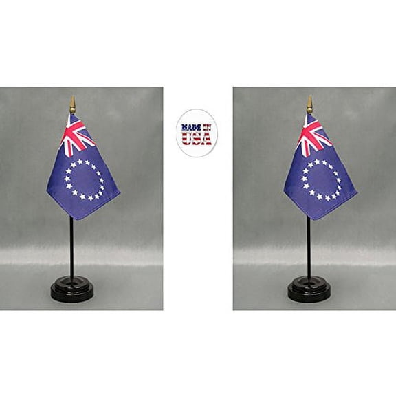 Cook Islands Desk Flag Set; Two 4x6 inch American Made Table Flags with Two Bases