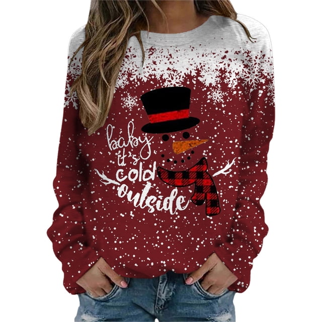 Gibobby Sudaderas para mujer Sudadera con capucha de manga larga con cuello redondo y estampado de de nieve navideños para mujer(Vino,M)