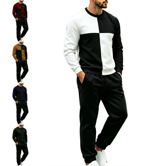 Babcutegg Mens Outfit 2-Piece Color Block Crewneck Sweatshirt and Jogger Pants Casual Active Set Red Size 2XL