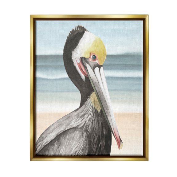 Stupell Industries Pelican Portrait on Beach Animals & Insects Painting Gold Floater Framed Canvas Art Print Wall Art, 17 x 21