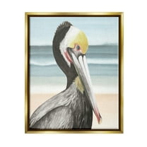 Stupell Industries Pelican Portrait on Beach Animals & Insects Painting Gold Floater Framed Canvas Art Print Wall Art, 17 x 21