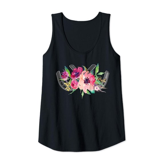 Womens Horse Lover Horseshoe Floral Flower Watercolor Tank Top Tank Top Size S-3XL