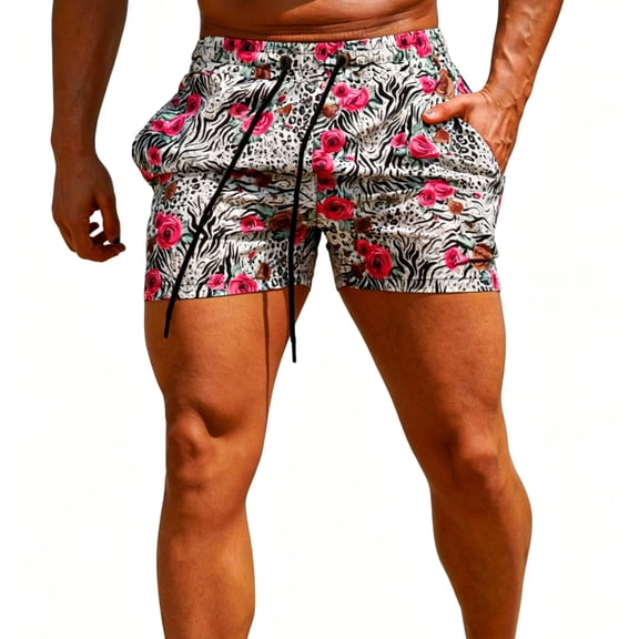 Smawell Men's Rose Zebra Leopard Mixed Print Quick Dry Swim Trunks Elastic Drawstring Beach Board Shorts with Side Pockets Bathing Suit