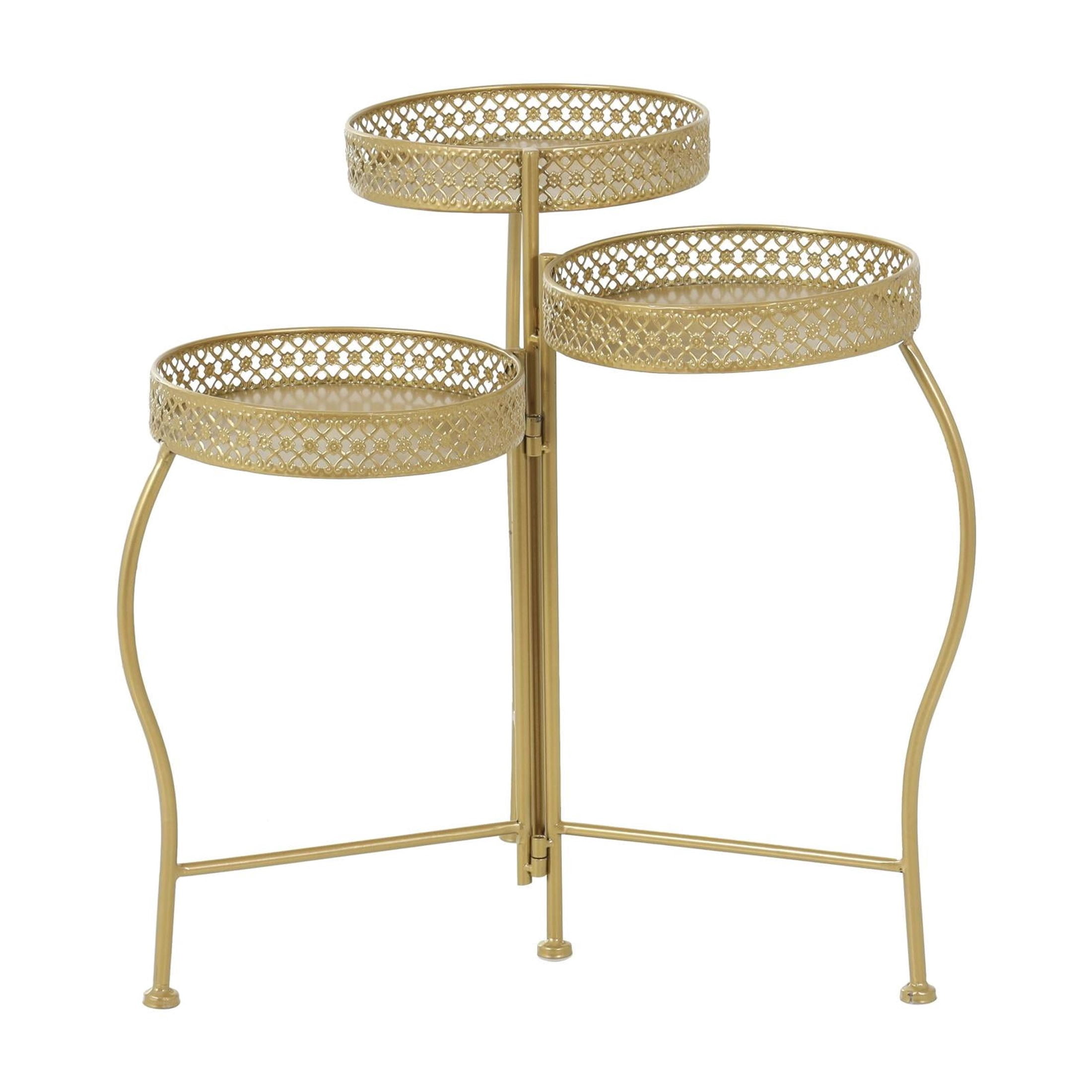 DecMode 17" x 17" x 20" 3 Tier Gold Metal Curved Folding Plantstand with Floral and Scroll Patterns