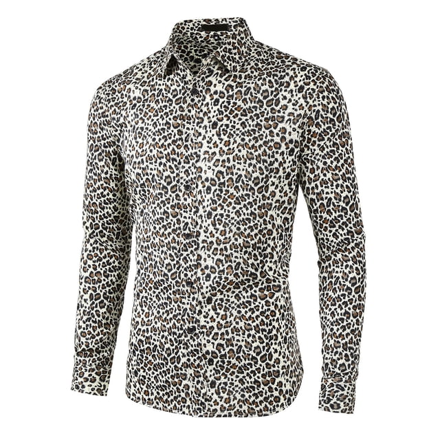INSPIRE CHIC Men's Vintage Leopard Printed Button Down Long Sleeve Cotton Shirt