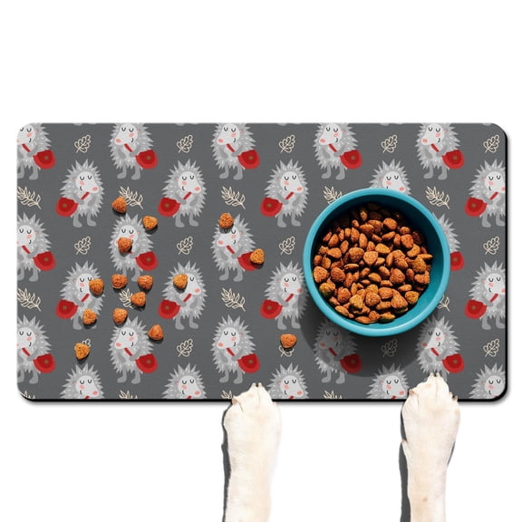 Forest Themed Hedgehog Pet Food Mat - Waterproof Dog Bowl Mat with Kawaii Hedgehog & Leaves Design, Non-Slip Rubber Base, Large Size