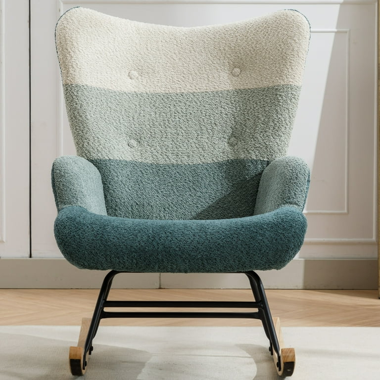 Leumius Rocking Chair Nursery Patchwork Upholstered Glider Rocking Chair with High Backrest and Wooden Base Modern Teddy Fabric Accent Chairs for Nursery Living Room Bedroom Green Dark Green Teddy Wal...