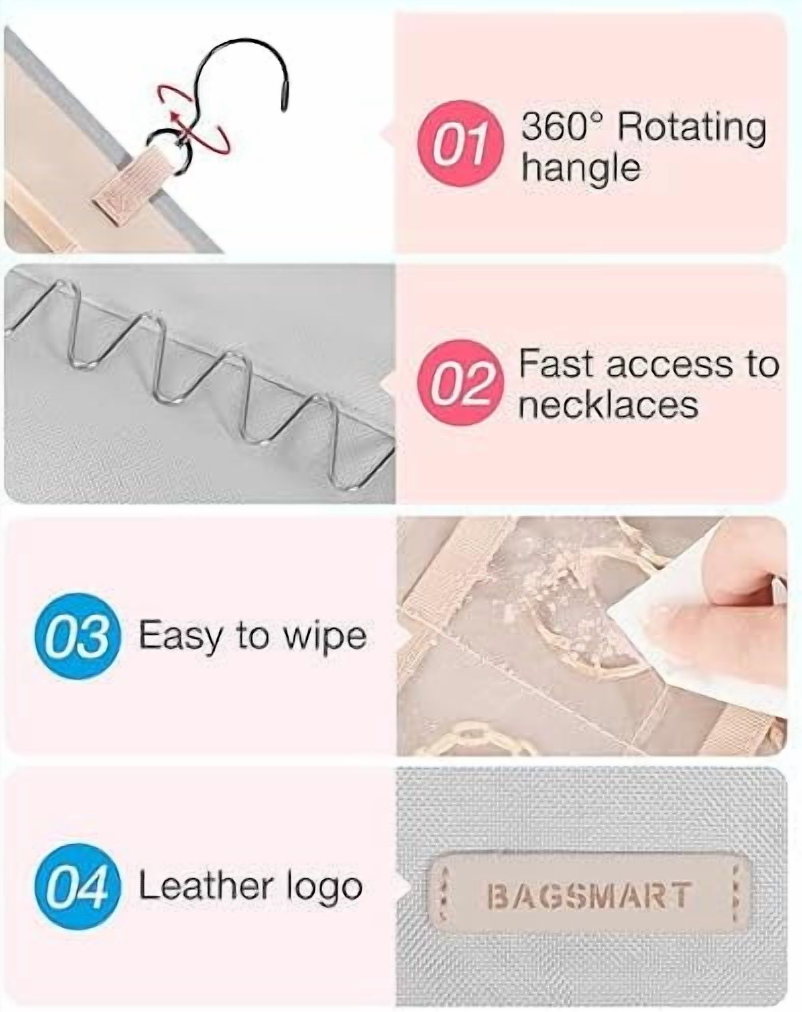 Hanging Jewelry Organizer Storage Roll with Hanger Metal Hooks Double-Sided Jewelry Holder for Earrings, Necklaces, Rings on Closet, Wall, Door, 1 piece, Large, Grey