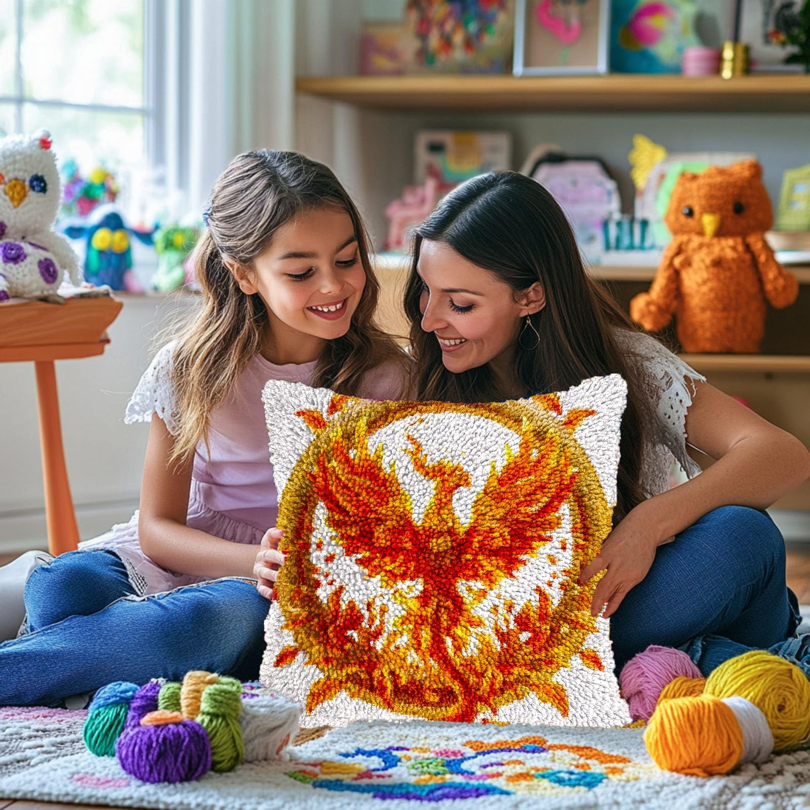 Golden Yellow Bird in Circle DIY Latch Hook Pillow Kits for Adults Printed Pillowcase Crochet Yarns Hooking Handmade Pillow Cover Cushion for Home Sofa Decoration 17x17inch(1)