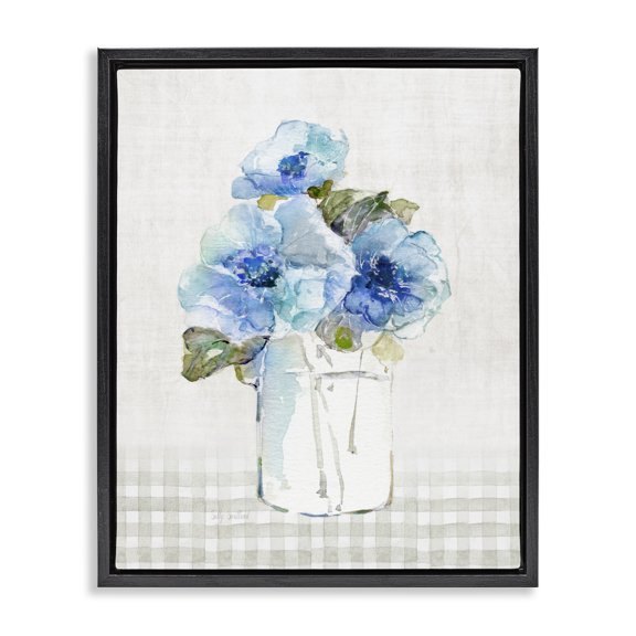 Stupell Industries French Country Blue Flowers on Tartan Black Floating Frame Canvas Art, 17 x 21, by Sally Swatland