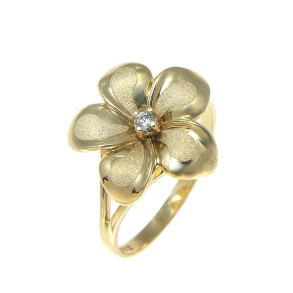 14K solid yellow gold 15mm Hawaiian single plumeria flower cz ring