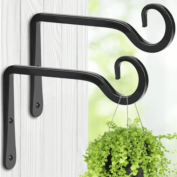 Fmxomd Plant Hangers Outdoor, 2 Pack 10 Inch Hanging Plant Bracket, Metal Hanging Plant Hooks, Wall Hooks for Hanging Plants, Bird Feeder, Flower Basket, Wind Chimes, Indoor Outdoor (Black)