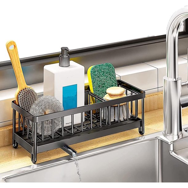 Estante para fregadero de cocina, soporte para esponja de acero inoxidable 304, organizador multifuncional para fregadero de cocina con bandeja de drenaje automático (negro)