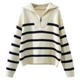 thumbnail image 4 of Arlun Womens Quarter Zip Striped Sweaters Casual V Neck Long Sleeve Knit Collared Pullovers Loose Fit Comfy 2025 Winter Fall Fashion Sweater Tops White One Size, 4 of 4