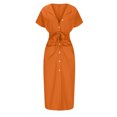 thumbnail image 3 of ZZwxWA Women Button Down Ruched Shirt Dress Short Sleeve Lapel V Neck Front Tie Midi Work Dress Elegant Party Mini Dresses, 3 of 5
