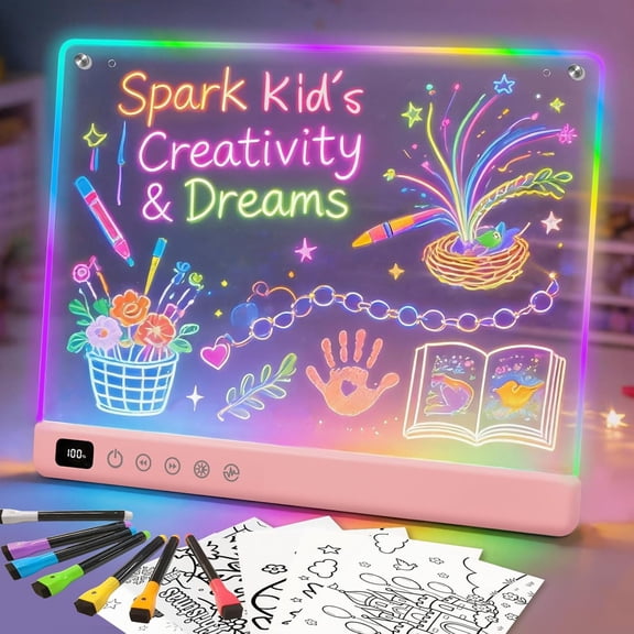 TOKKY LED Drawing Board, 16" Rechargeable Glow Drawing Pad for Kids, 9 Colors Glow Doodle Board, Pink