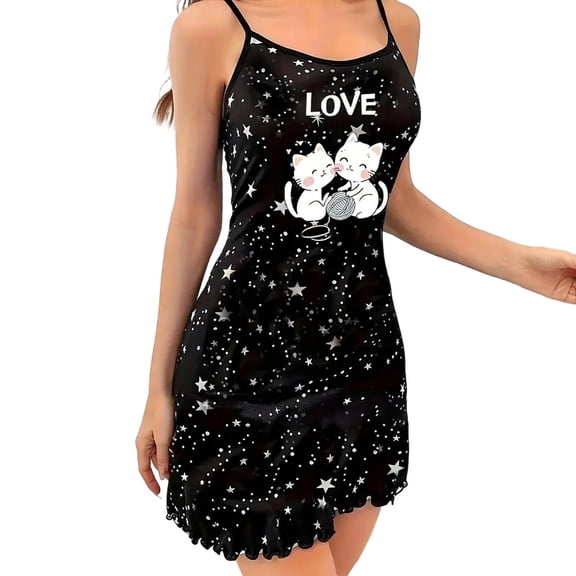 DHFJKG Nightgowns For Women Spaghetti Strap Sleeveless Mini Sleep Dress Scoop Neck Soft Pajama Nightdress Cute Cat Print Cozy Home Clothes